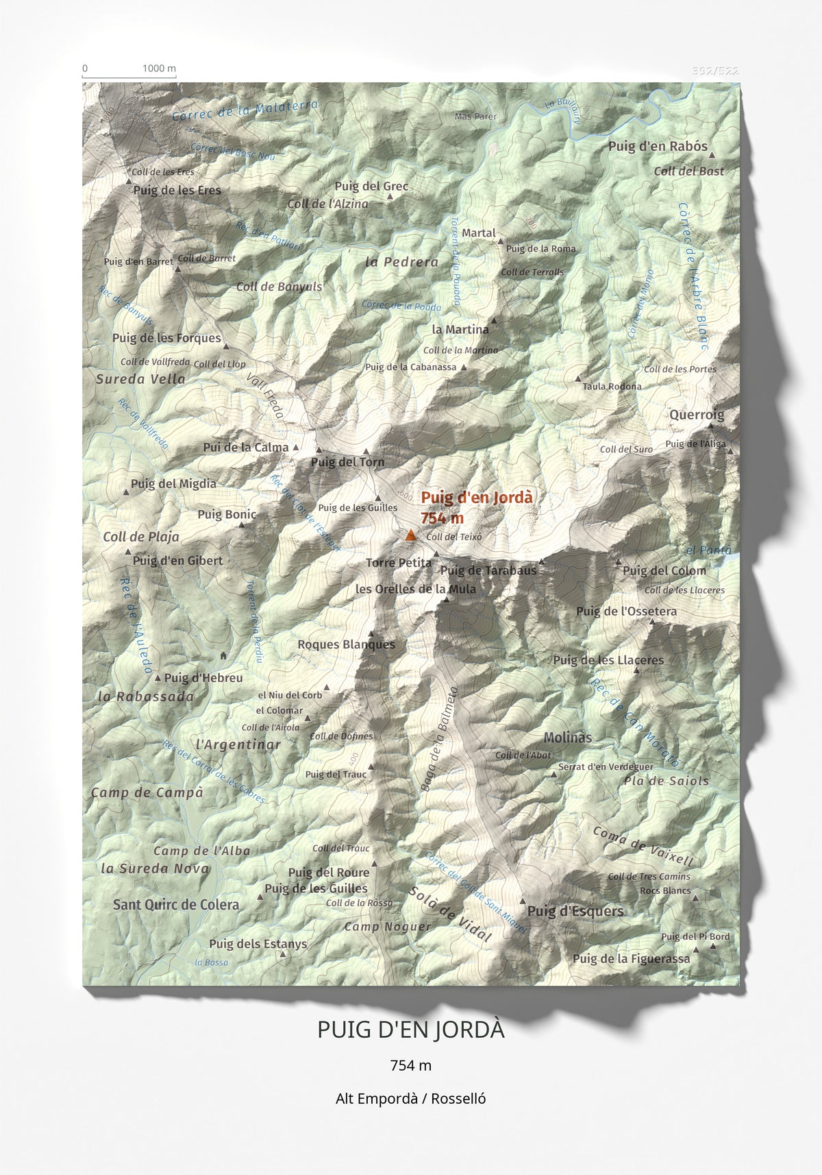 Mapa topogràfic del relleu: Puig d'en Jordà, 754 m. Làmina completa. 21 × 30 cm.