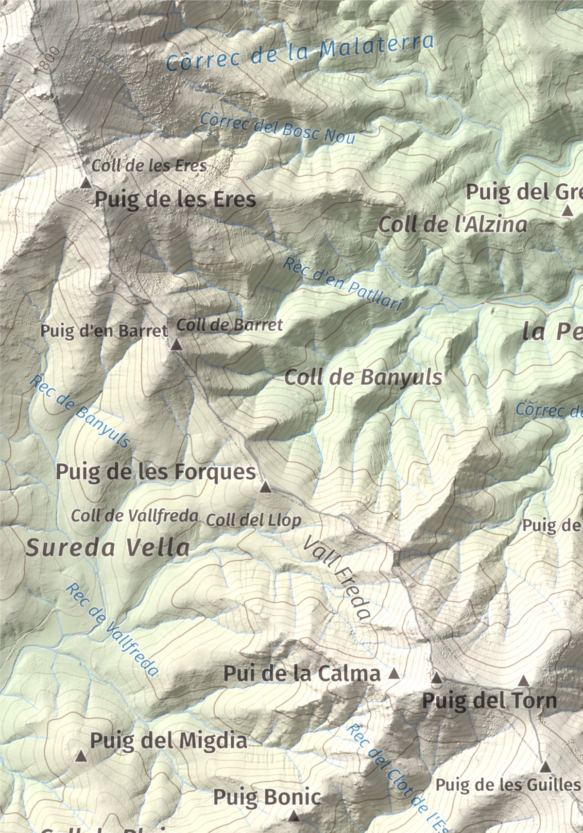 Mapa topogràfic del relleu: Puig d'en Jordà, 754 m. Detall de la zona superior esquerra. 21 × 30 cm.