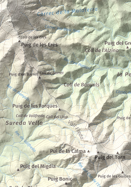 Mapa topogràfic del relleu: Puig d'en Jordà, 754 m. Detall de la zona superior esquerra. 21 × 30 cm.