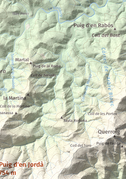 Mapa topogràfic del relleu: Puig d'en Jordà, 754 m. Detall de la zona superior dreta. 21 × 30 cm.