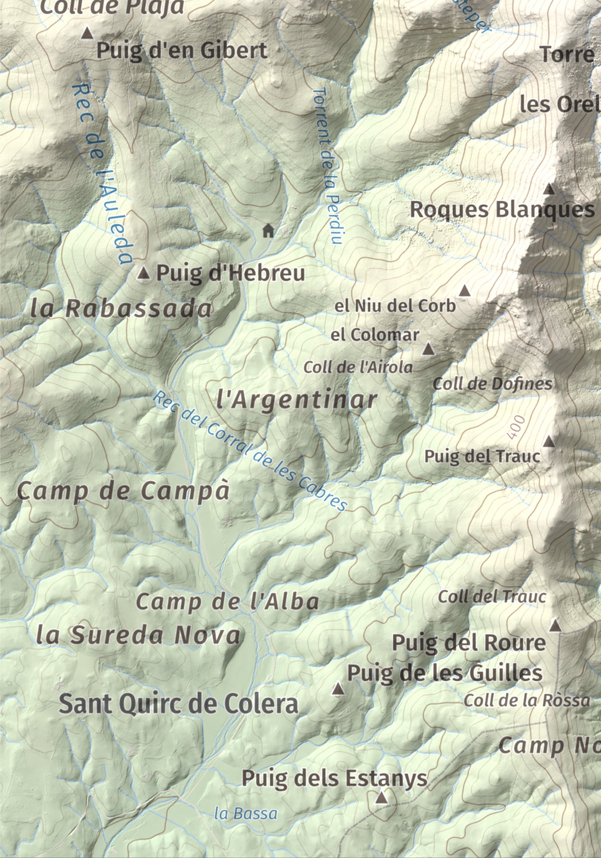 Mapa topogràfic del relleu: Puig d'en Jordà, 754 m. Detall de la zona inferior esquerra. 21 × 30 cm.