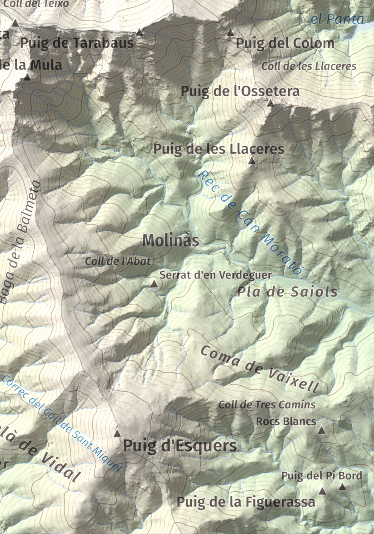 Mapa topogràfic del relleu: Puig d'en Jordà, 754 m. Detall de la zona inferior dreta. 21 × 30 cm.