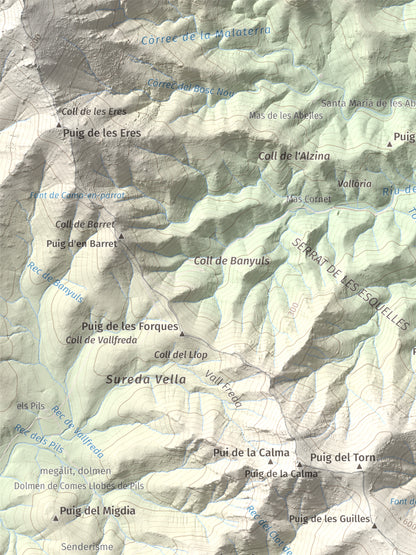 Mapa topogràfic del relleu: Puig d'en Jordà, 754 m. Detall de la zona superior esquerra. 30 × 40 cm.