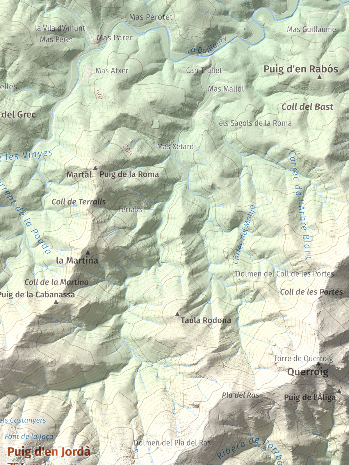Mapa topogràfic del relleu: Puig d'en Jordà, 754 m. Detall de la zona superior dreta. 30 × 40 cm.