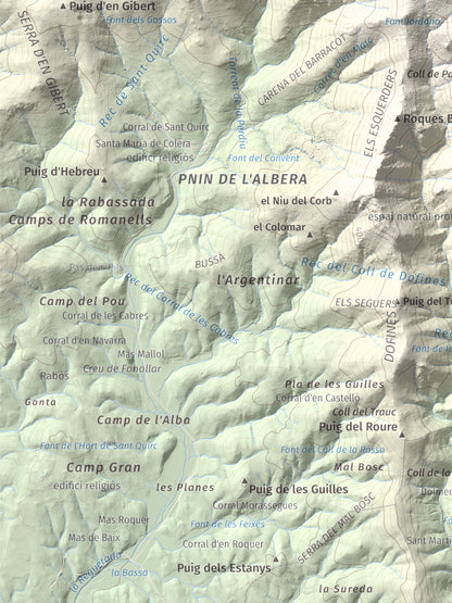 Mapa topogràfic del relleu: Puig d'en Jordà, 754 m. Detall de la zona inferior esquerra. 30 × 40 cm.