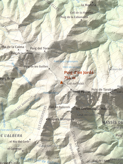 Mapa topogràfic del relleu: Puig d'en Jordà, 754 m. Detall de la zona central. 30 × 40 cm.