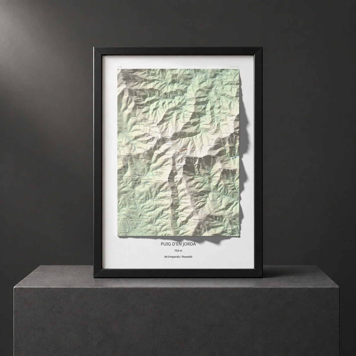 Mapa topogràfic del relleu: Puig d'en Jordà, 754 m. Presentació emmarcada. 50 × 70 cm.