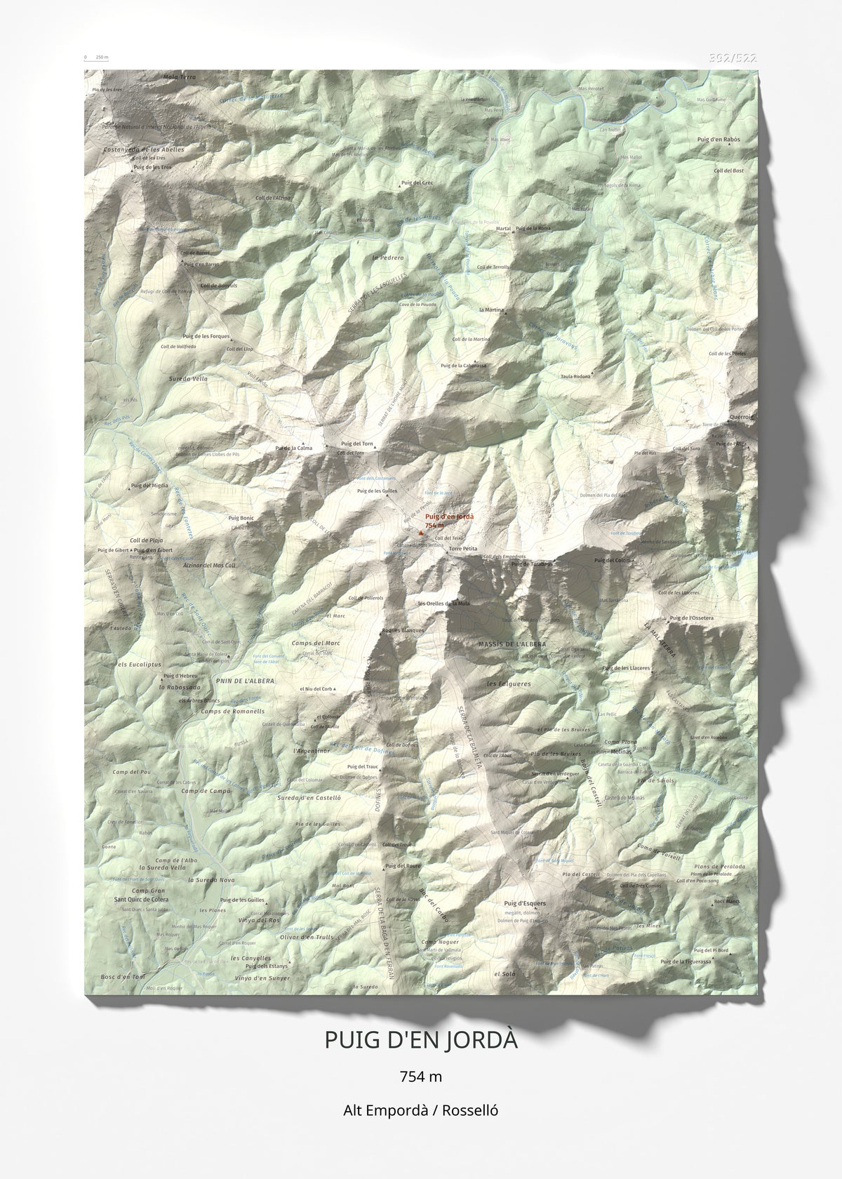 Mapa topogràfic del relleu: Puig d'en Jordà, 754 m. Làmina completa. 50 × 70 cm.
