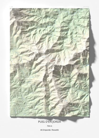 Mapa topogràfic del relleu: Puig d'en Jordà, 754 m. Làmina completa. 50 × 70 cm.