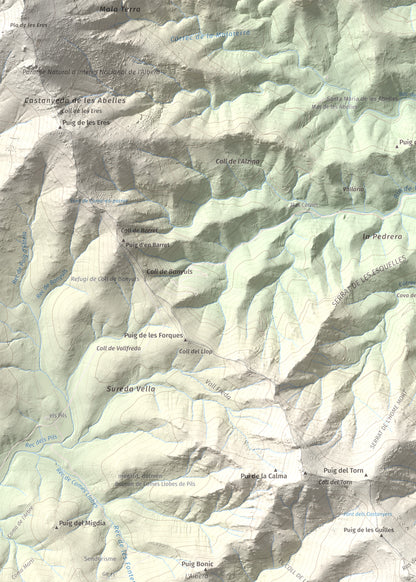 Mapa topogràfic del relleu: Puig d'en Jordà, 754 m. Detall de la zona superior esquerra. 50 × 70 cm.