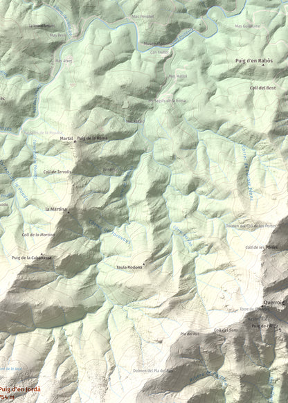 Mapa topogràfic del relleu: Puig d'en Jordà, 754 m. Detall de la zona superior dreta. 50 × 70 cm.