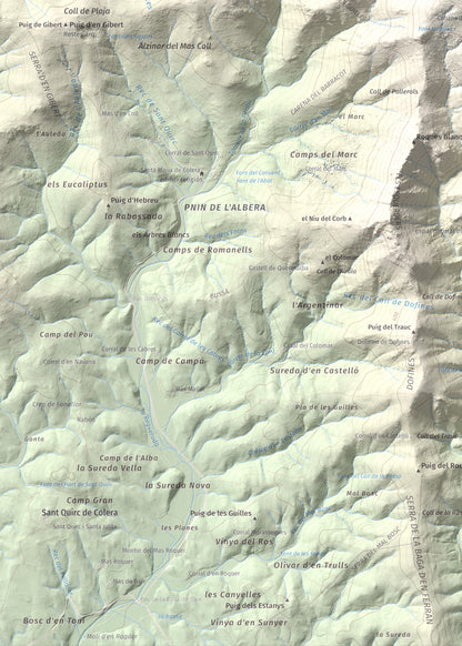 Mapa topogràfic del relleu: Puig d'en Jordà, 754 m. Detall de la zona inferior esquerra. 50 × 70 cm.