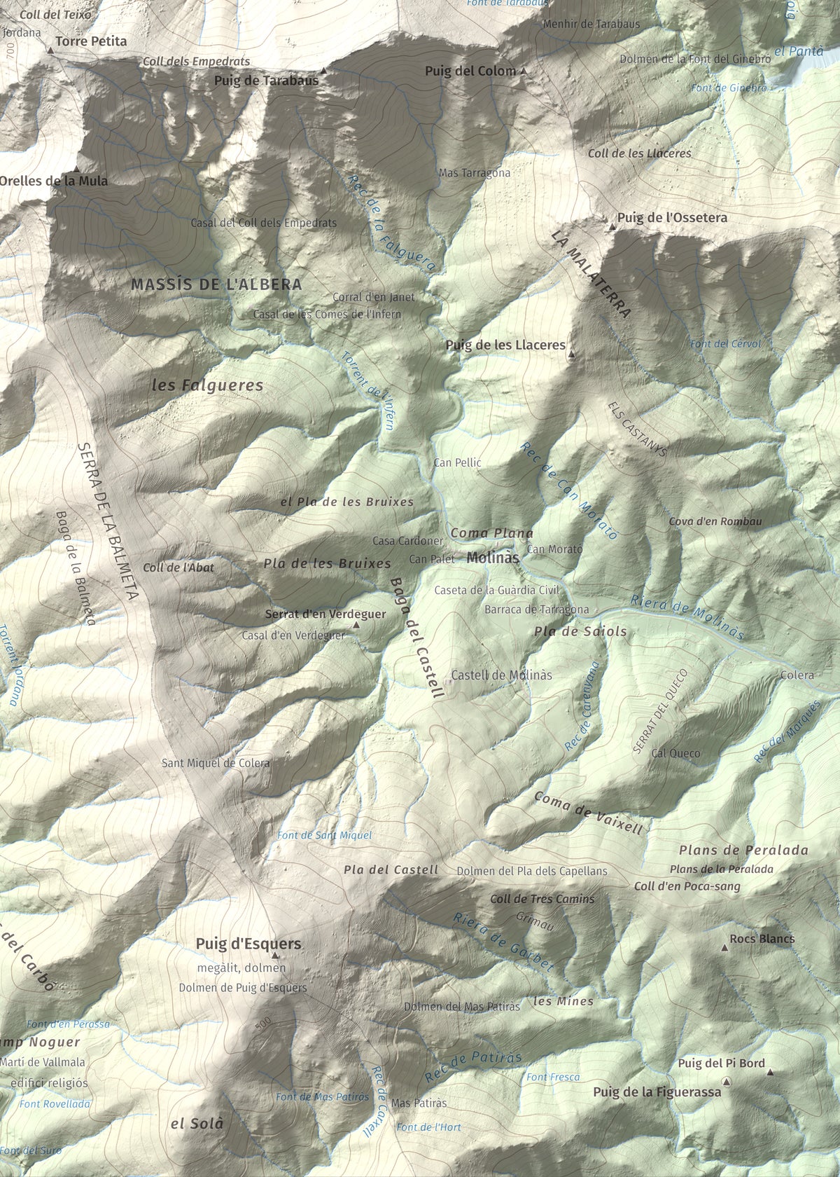 Mapa topogràfic del relleu: Puig d'en Jordà, 754 m. Detall de la zona inferior dreta. 50 × 70 cm.