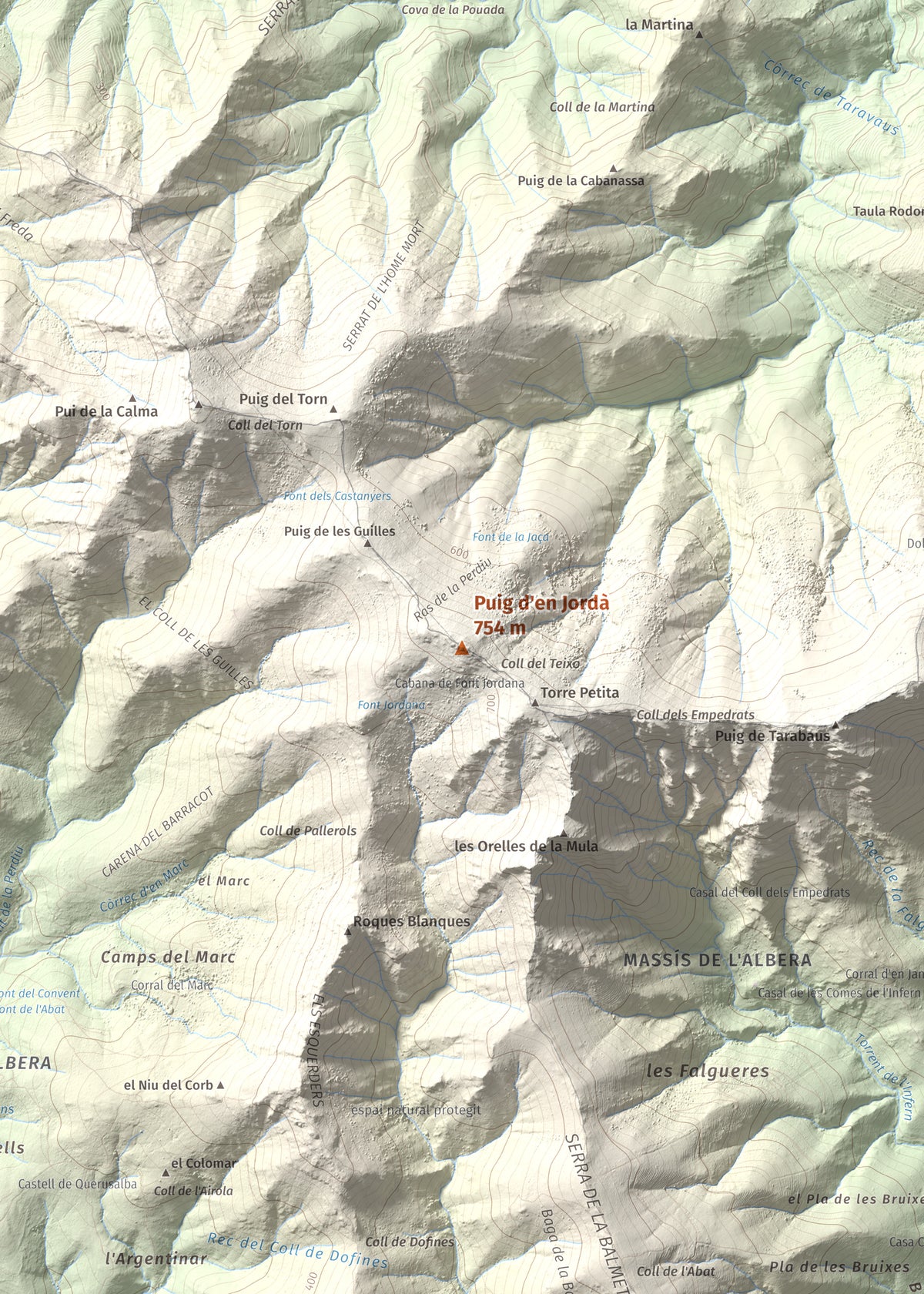 Mapa topogràfic del relleu: Puig d'en Jordà, 754 m. Detall de la zona central. 50 × 70 cm.