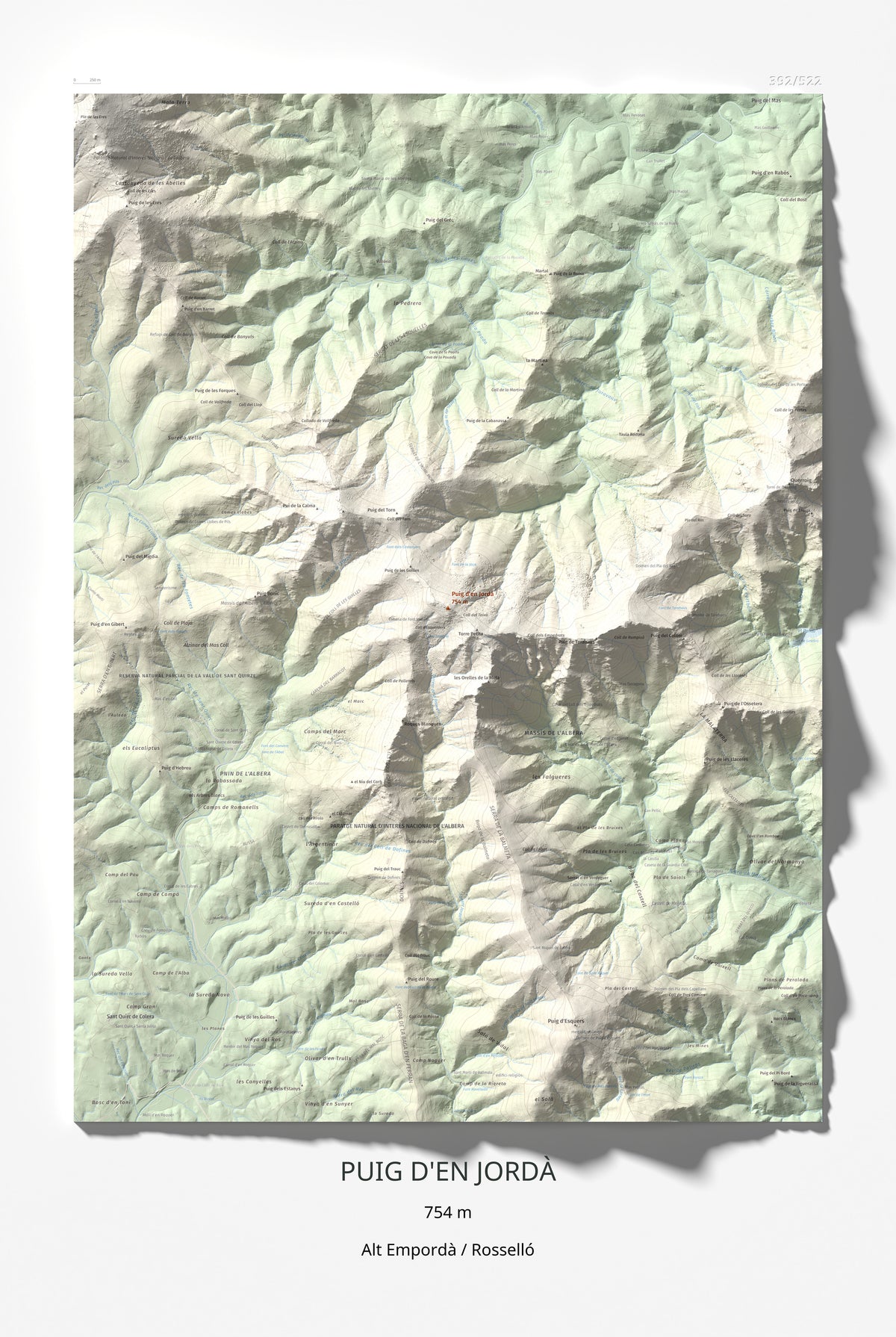 Mapa topogràfic del relleu: Puig d'en Jordà, 754 m. Làmina completa. 61 × 91 cm.