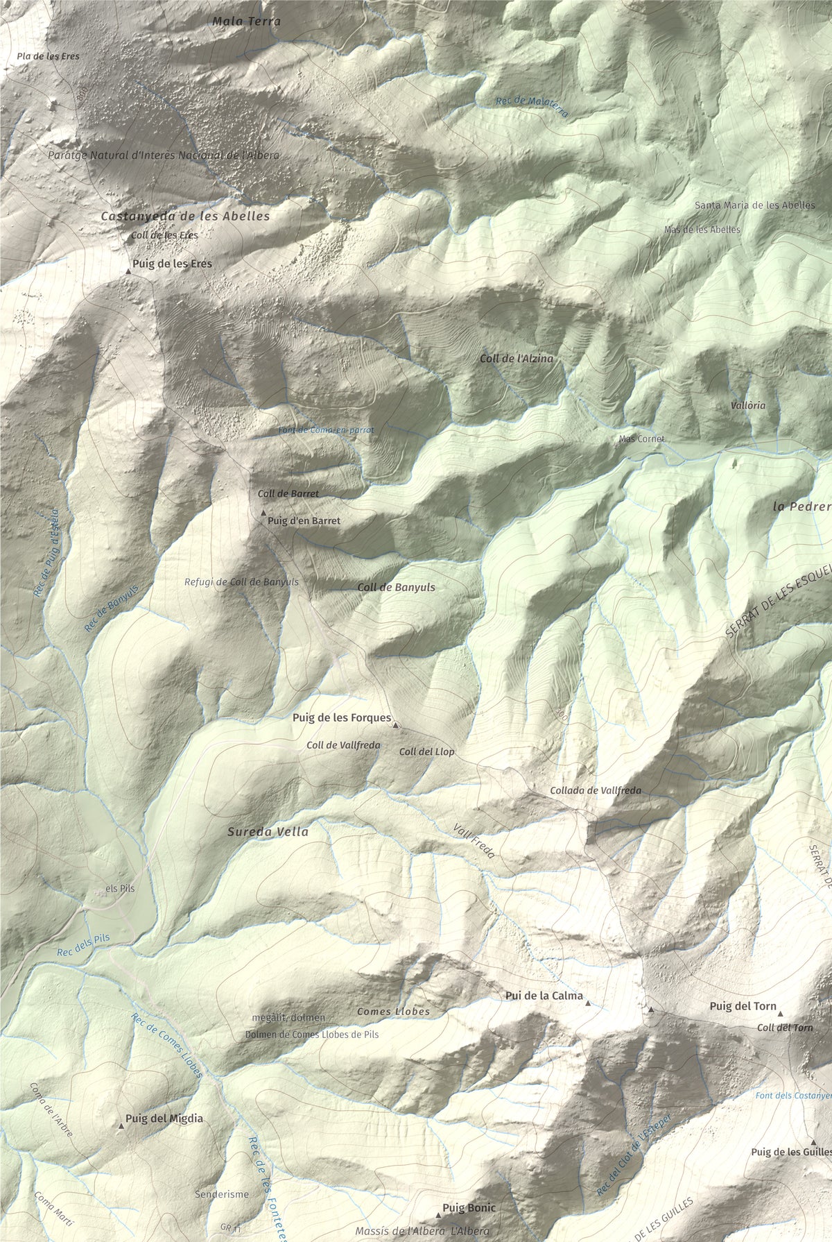 Mapa topogràfic del relleu: Puig d'en Jordà, 754 m. Detall de la zona superior esquerra. 61 × 91 cm.