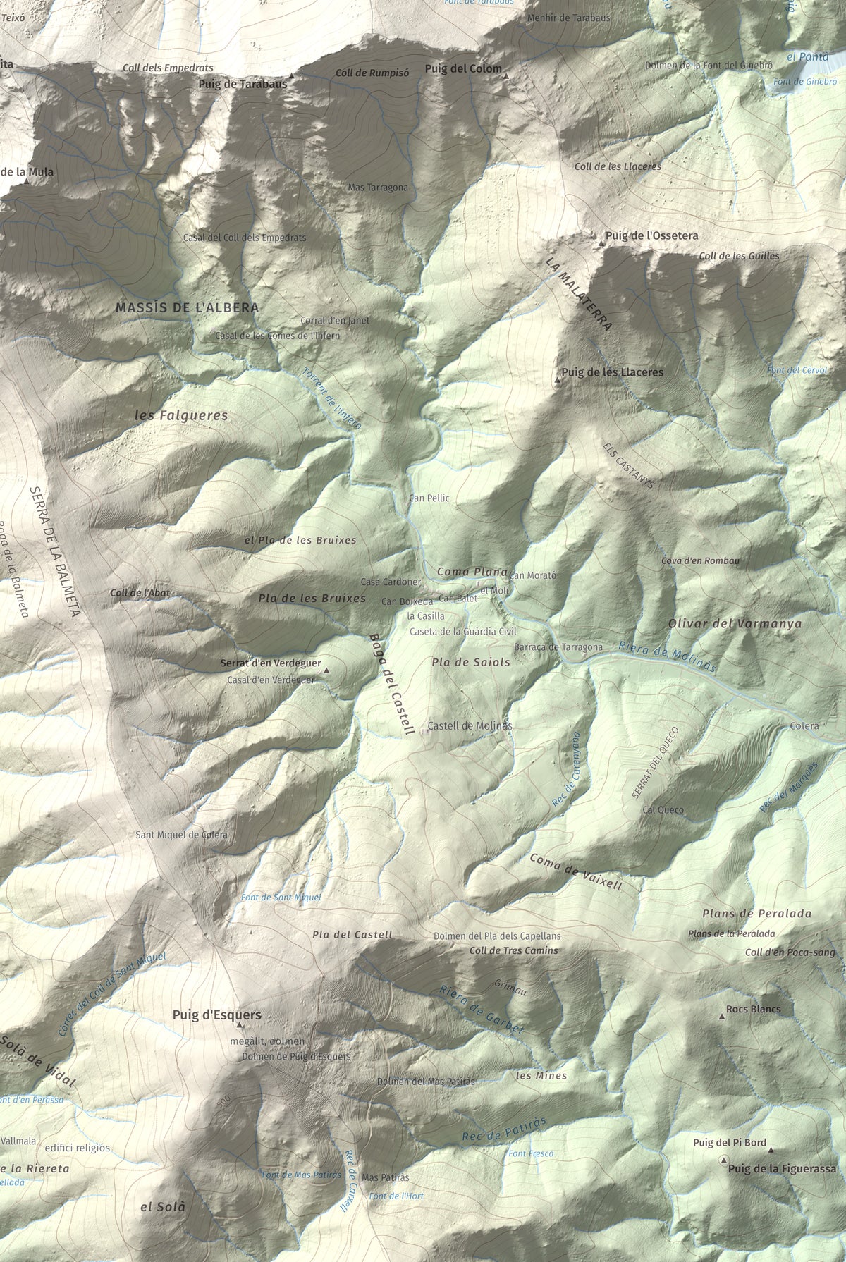 Mapa topogràfic del relleu: Puig d'en Jordà, 754 m. Detall de la zona inferior dreta. 61 × 91 cm.
