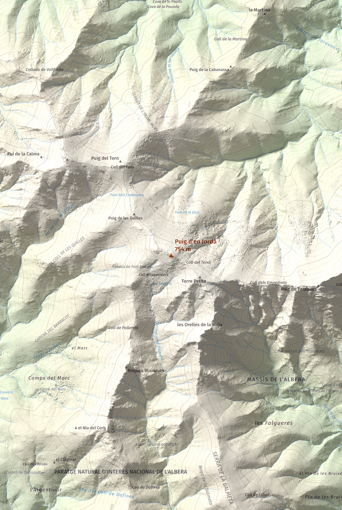 Mapa topogràfic del relleu: Puig d'en Jordà, 754 m. Detall de la zona central. 61 × 91 cm.