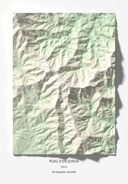 Mapa topogràfic del relleu: Puig d'en Jordà, 754 m. Làmina completa. 70 × 100 cm.