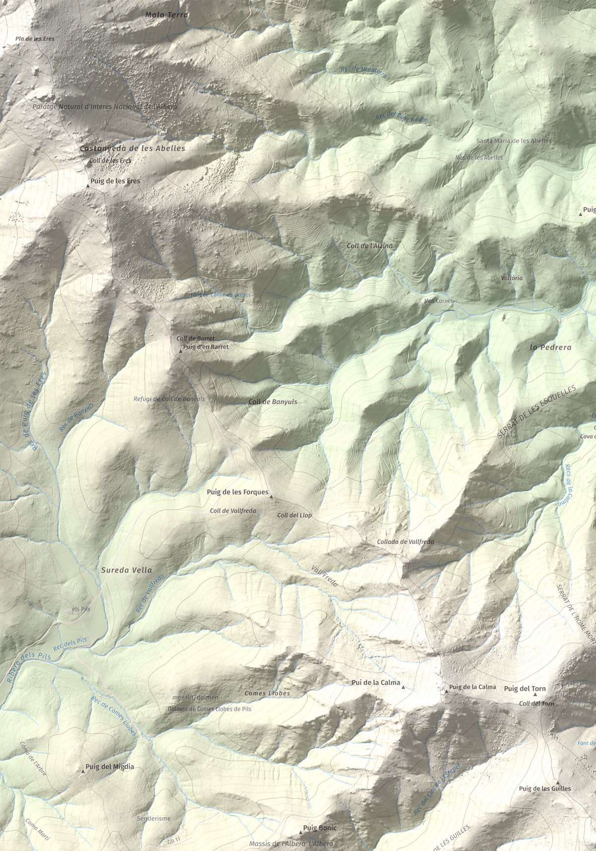 Mapa topogràfic del relleu: Puig d'en Jordà, 754 m. Detall de la zona superior esquerra. 70 × 100 cm.