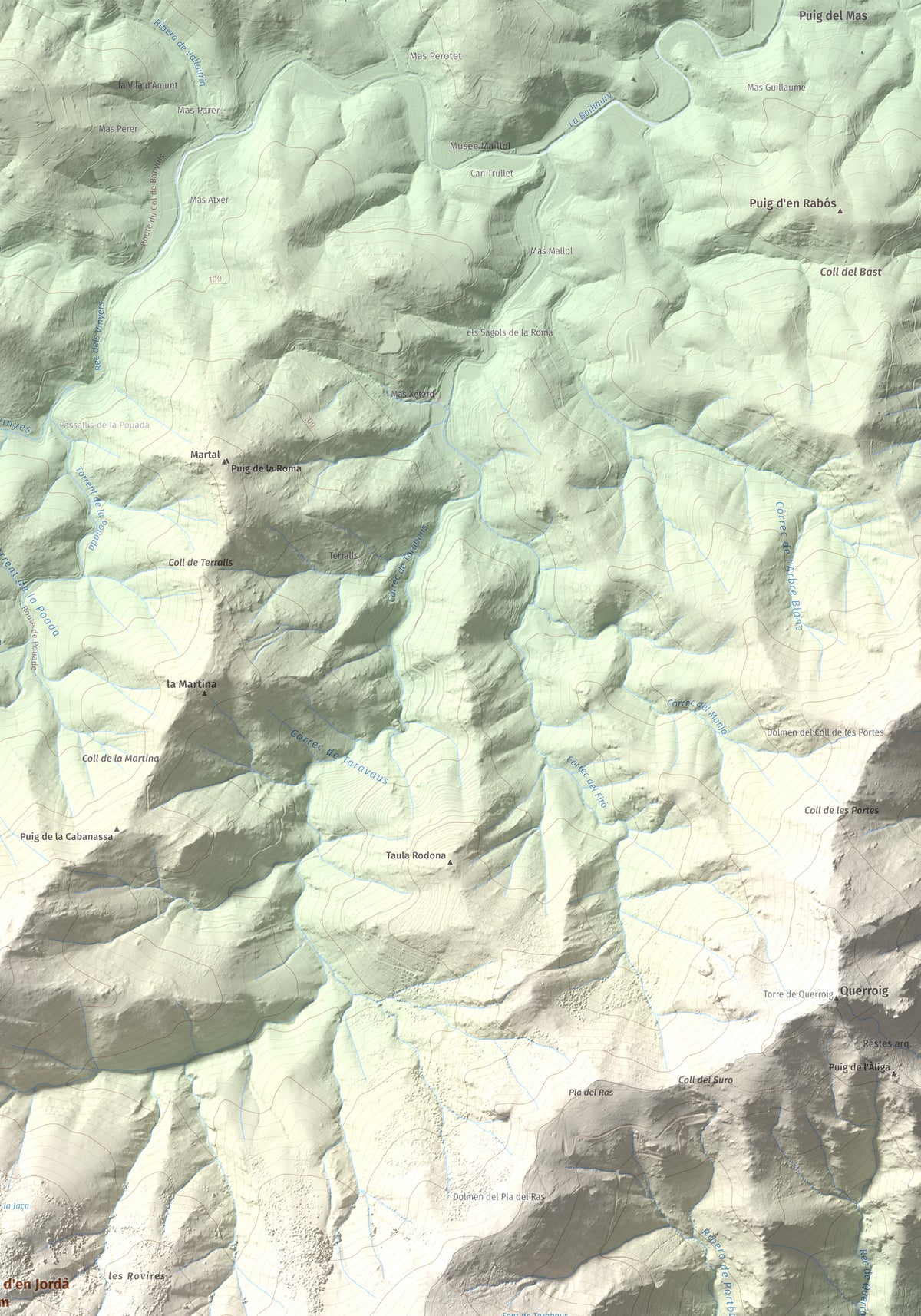 Mapa topogràfic del relleu: Puig d'en Jordà, 754 m. Detall de la zona superior dreta. 70 × 100 cm.