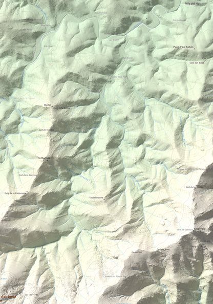 Mapa topogràfic del relleu: Puig d'en Jordà, 754 m. Detall de la zona superior dreta. 70 × 100 cm.