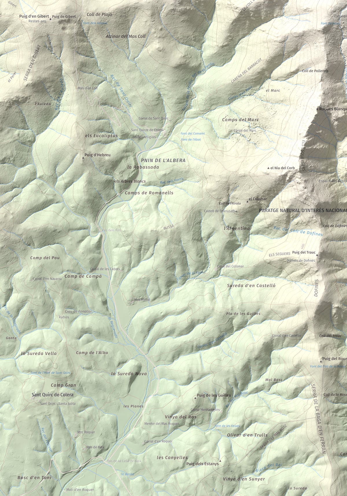 Mapa topogràfic del relleu: Puig d'en Jordà, 754 m. Detall de la zona inferior esquerra. 70 × 100 cm.