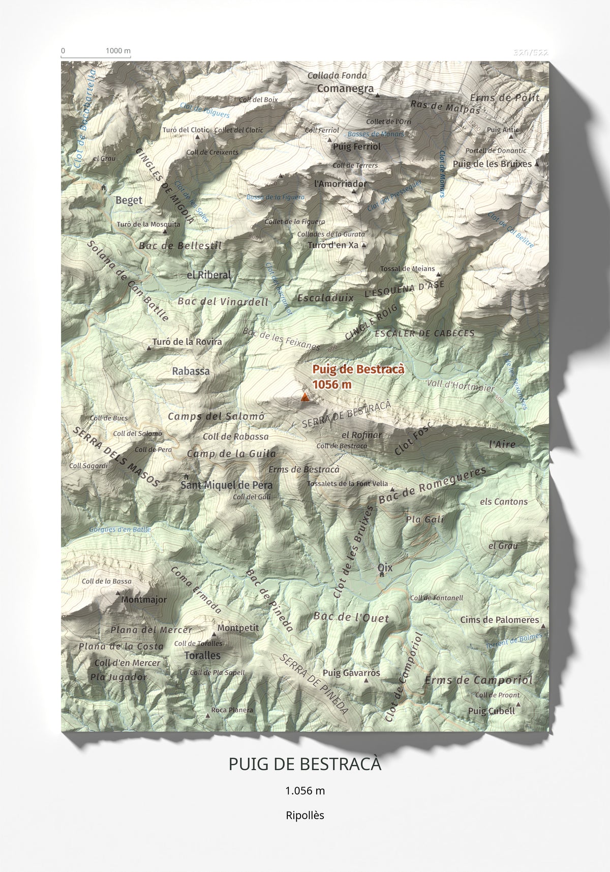 Mapa de relieve de Puig de Bestracà, 1056 m, Ripollès, lámina 100 Cims de Trobart 21 × 30 cm.