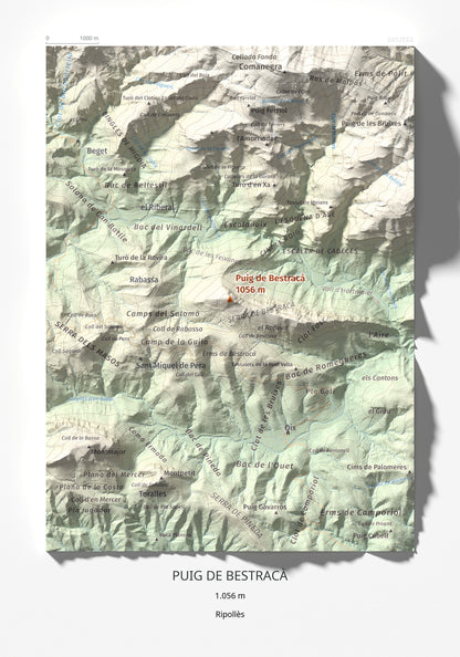Mapa de relieve de Puig de Bestracà, 1056 m, Ripollès, lámina 100 Cims de Trobart 21 × 30 cm.