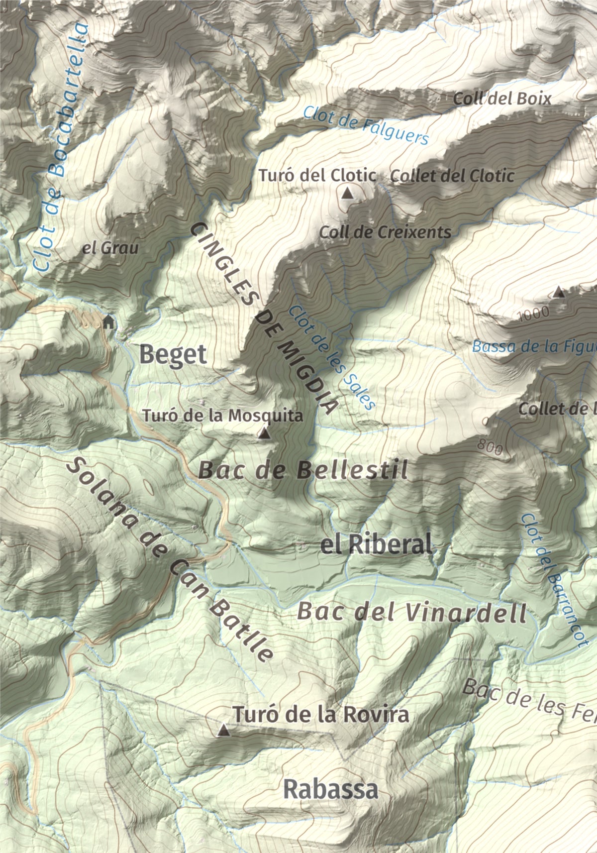 Mapa de relieve de Puig de Bestracà, 1056 m, Ripollès, lámina 100 Cims de Trobart. Detalle de la zona superior izquierda. 21 × 30 cm.