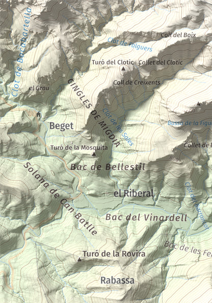 Mapa de relieve de Puig de Bestracà, 1056 m, Ripollès, lámina 100 Cims de Trobart. Detalle de la zona superior izquierda. 21 × 30 cm.