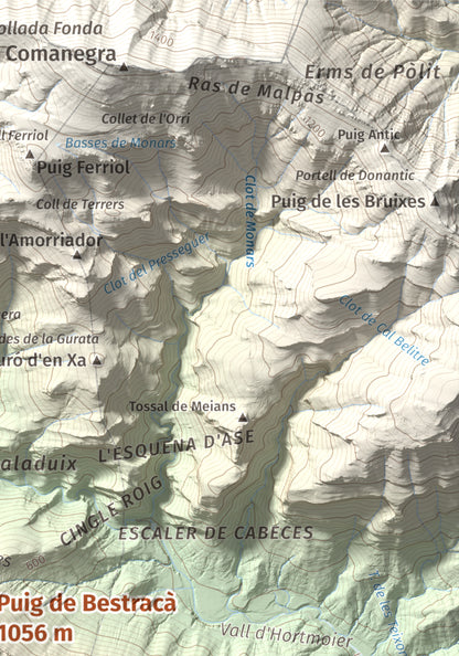 Mapa de relieve de Puig de Bestracà, 1056 m, Ripollès, lámina 100 Cims de Trobart. Detalle de la zona superior derecha. 21 × 30 cm.