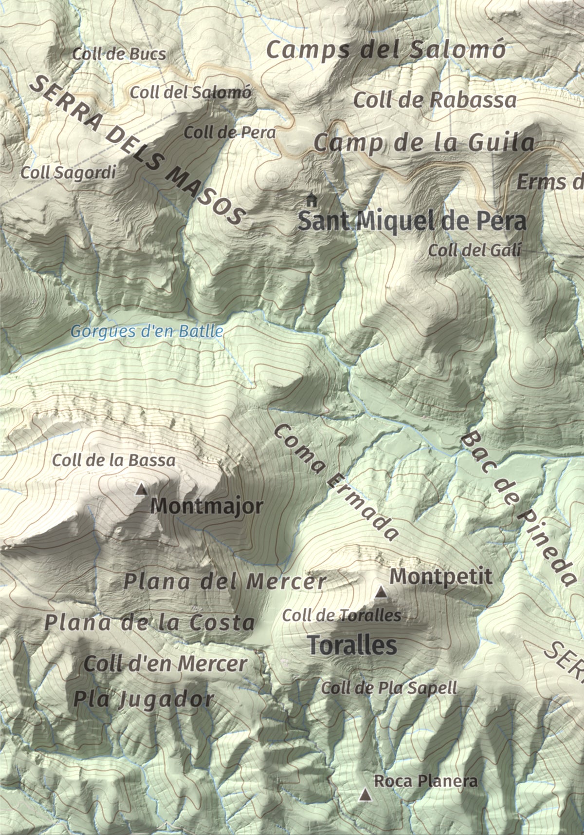 Mapa de relieve de Puig de Bestracà, 1056 m, Ripollès, lámina 100 Cims de Trobart. Detalle de la zona inferior izquierda. 21 × 30 cm.