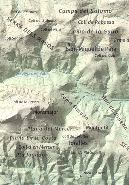 Mapa de relieve de Puig de Bestracà, 1056 m, Ripollès, lámina 100 Cims de Trobart. Detalle de la zona inferior izquierda. 21 × 30 cm.