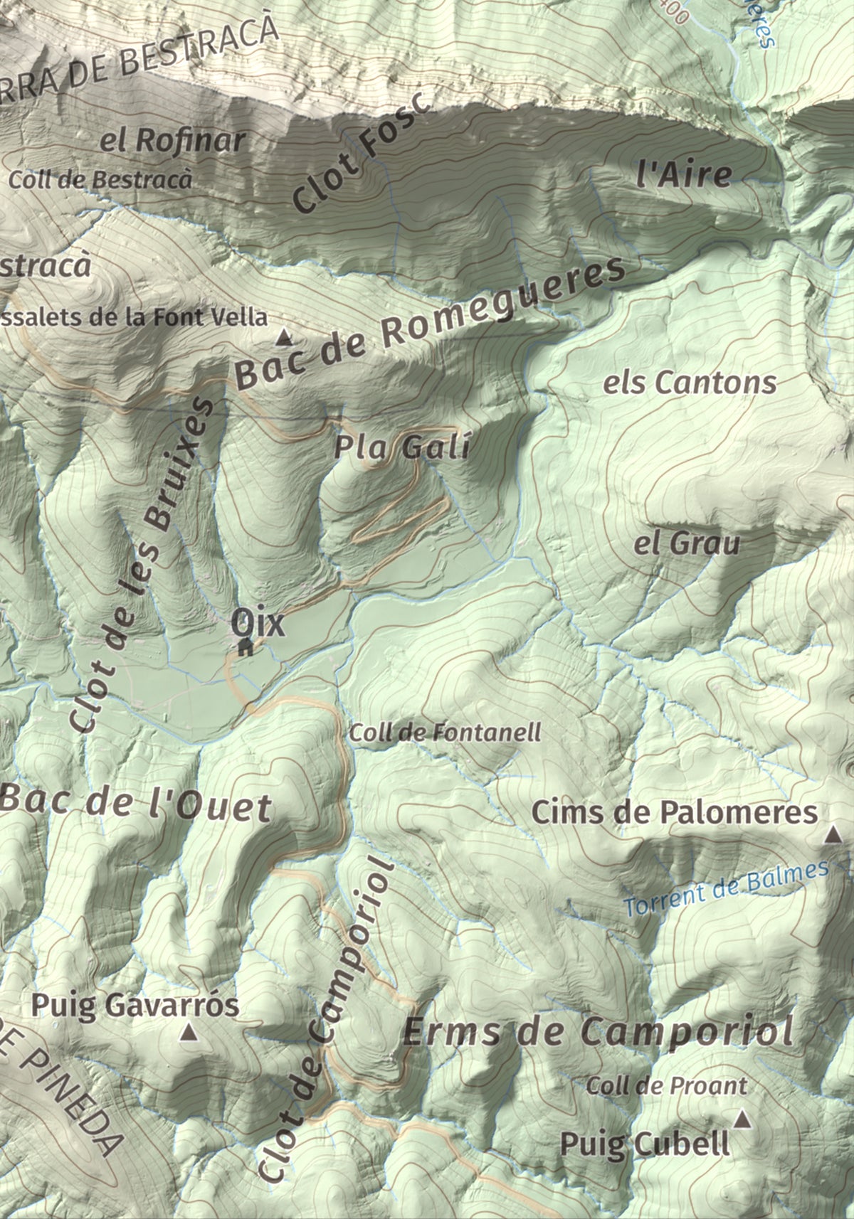 Mapa de relieve de Puig de Bestracà, 1056 m, Ripollès, lámina 100 Cims de Trobart. Detalle de la zona inferior derecha. 21 × 30 cm.