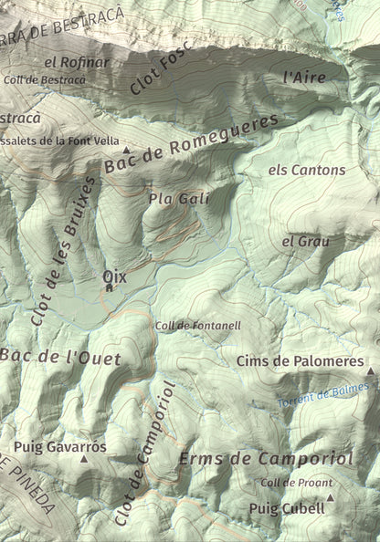 Mapa de relieve de Puig de Bestracà, 1056 m, Ripollès, lámina 100 Cims de Trobart. Detalle de la zona inferior derecha. 21 × 30 cm.