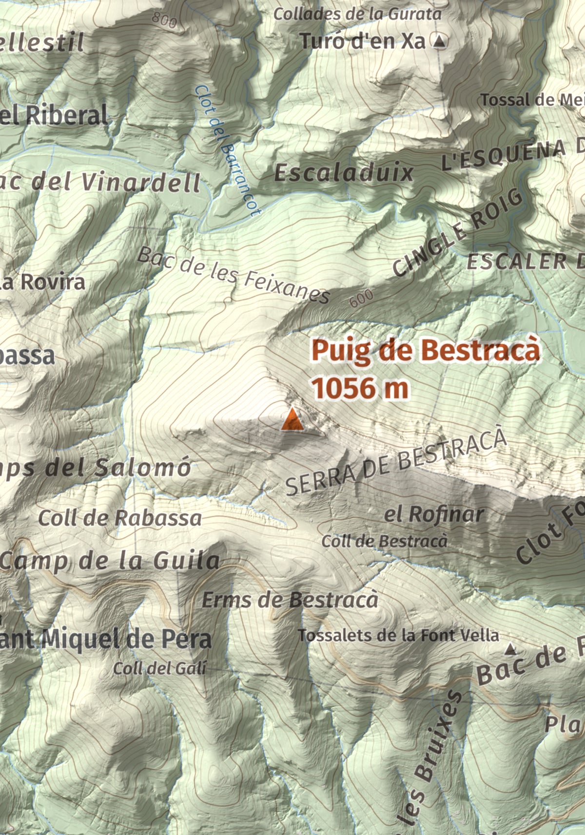 Mapa de relieve de Puig de Bestracà, 1056 m, Ripollès, lámina 100 Cims de Trobart. Detalle de la zona central. 21 × 30 cm.