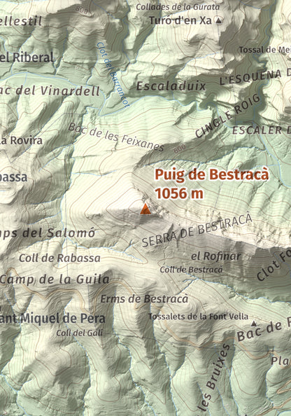 Mapa de relieve de Puig de Bestracà, 1056 m, Ripollès, lámina 100 Cims de Trobart. Detalle de la zona central. 21 × 30 cm.