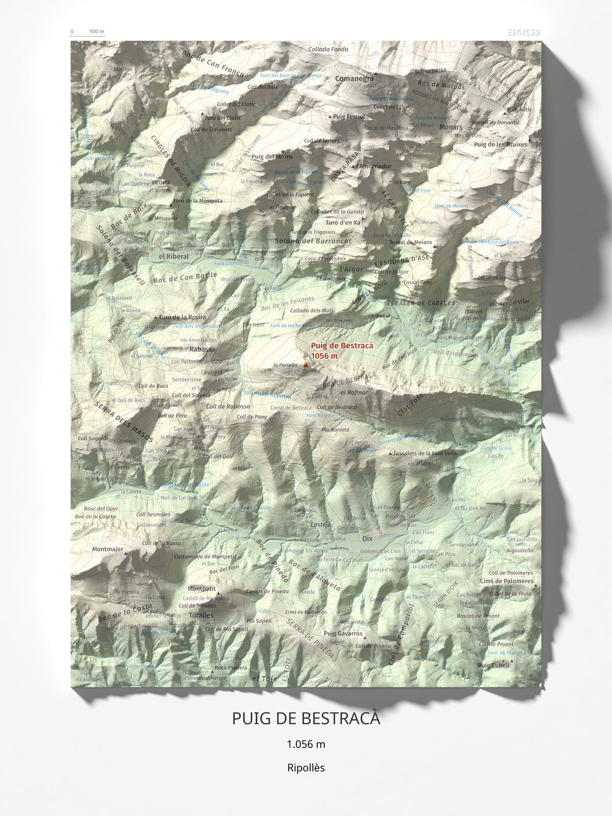 Mapa de relieve de Puig de Bestracà, 1056 m, Ripollès, lámina 100 Cims de Trobart 30 × 40 cm.