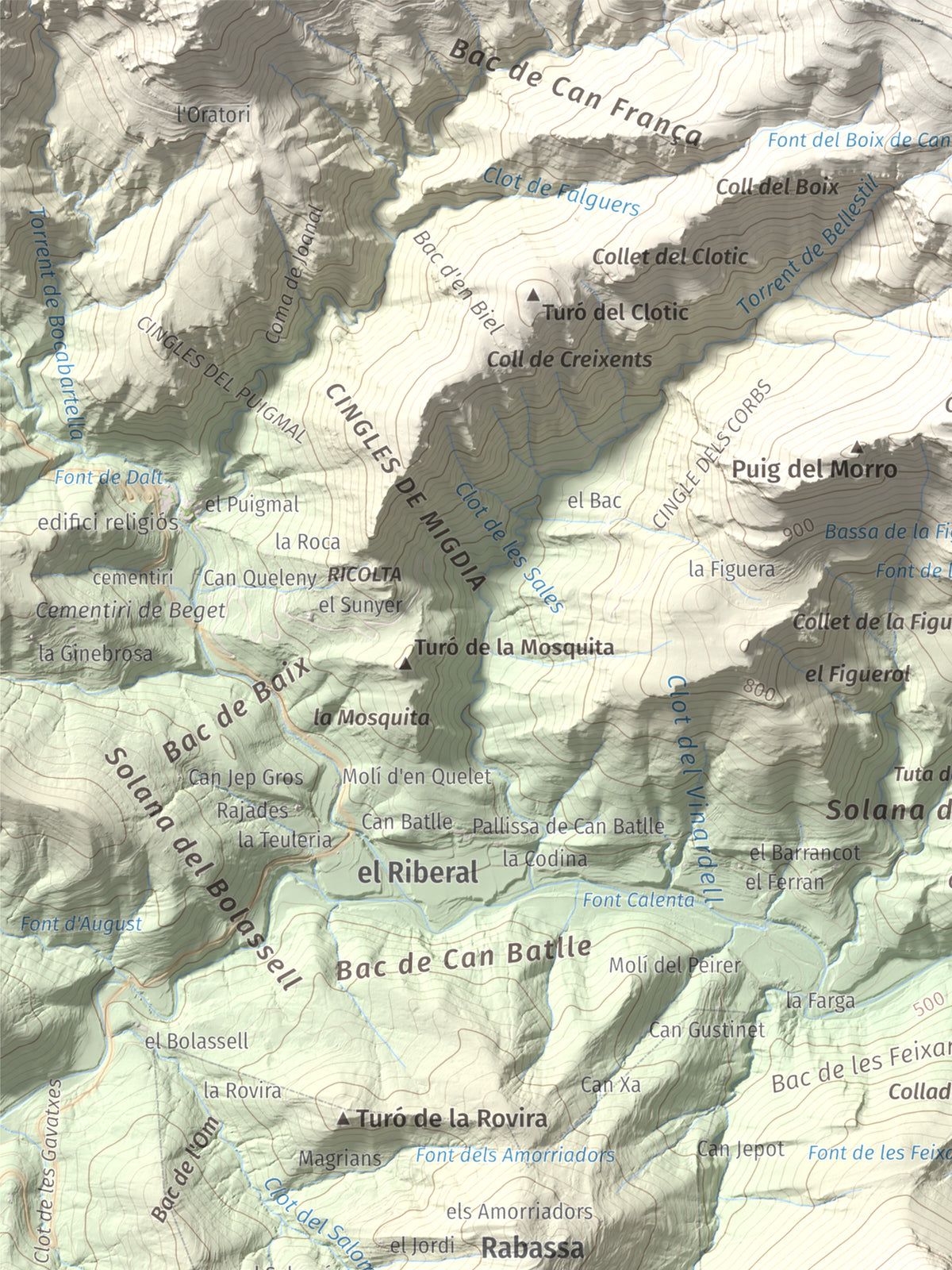 Mapa de relieve de Puig de Bestracà, 1056 m, Ripollès, lámina 100 Cims de Trobart. Detalle de la zona superior izquierda. 30 × 40 cm.