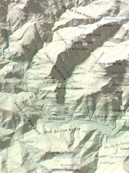 Mapa de relieve de Puig de Bestracà, 1056 m, Ripollès, lámina 100 Cims de Trobart. Detalle de la zona superior izquierda. 30 × 40 cm.