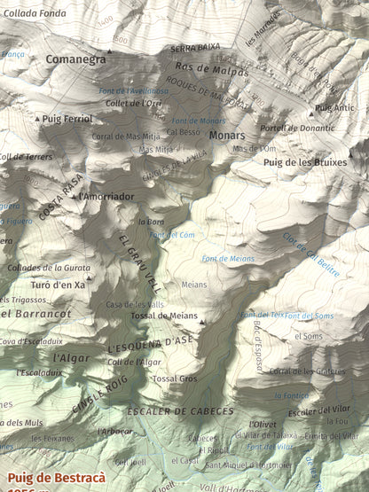 Mapa de relieve de Puig de Bestracà, 1056 m, Ripollès, lámina 100 Cims de Trobart. Detalle de la zona superior derecha. 30 × 40 cm.