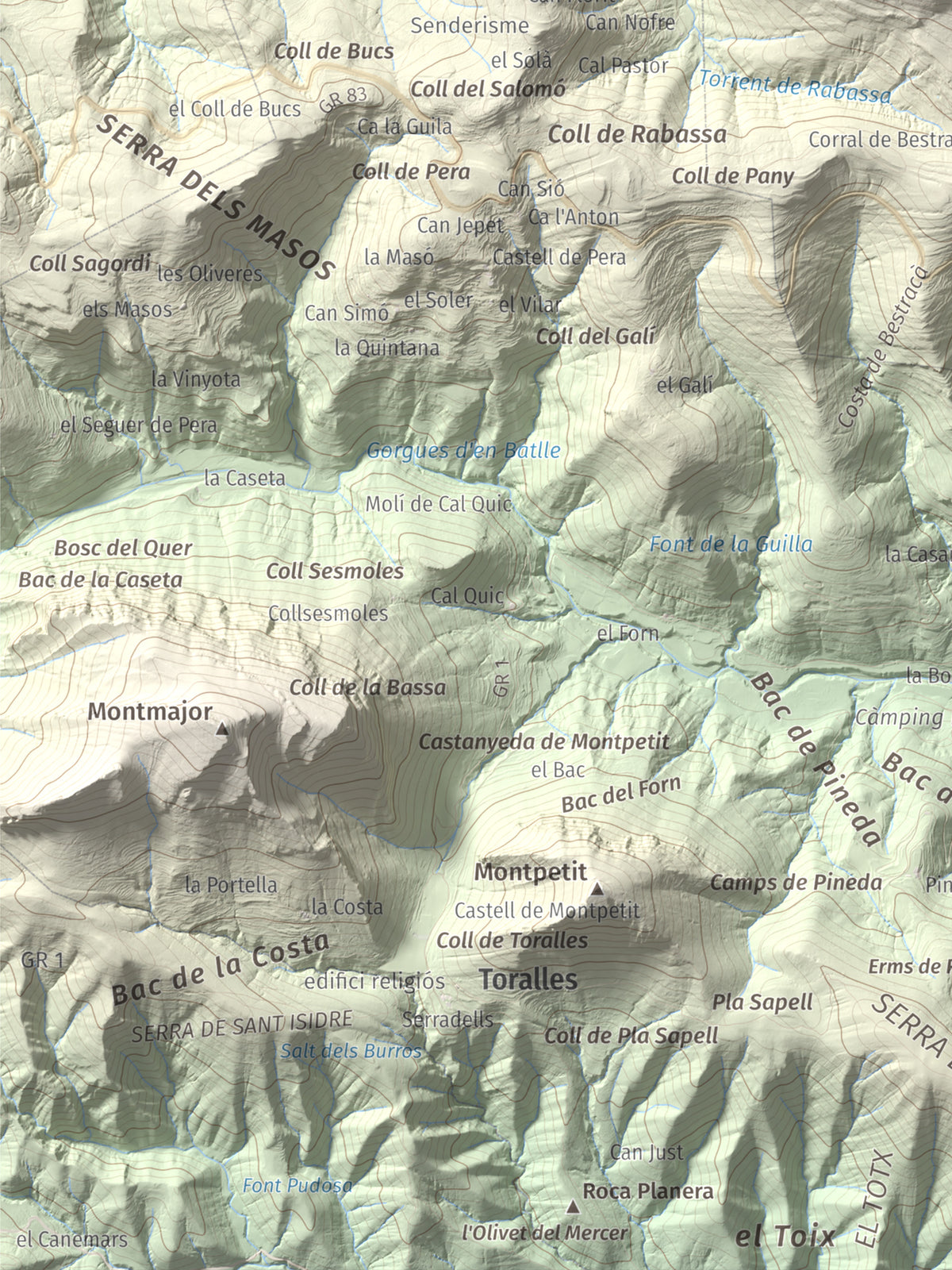 Mapa de relieve de Puig de Bestracà, 1056 m, Ripollès, lámina 100 Cims de Trobart. Detalle de la zona inferior izquierda. 30 × 40 cm.