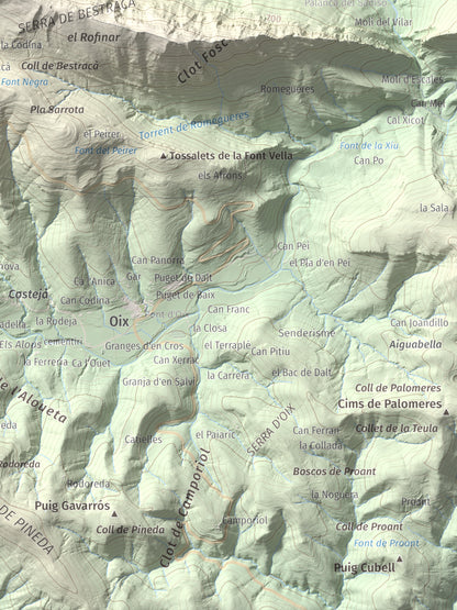 Mapa de relieve de Puig de Bestracà, 1056 m, Ripollès, lámina 100 Cims de Trobart. Detalle de la zona inferior derecha. 30 × 40 cm.