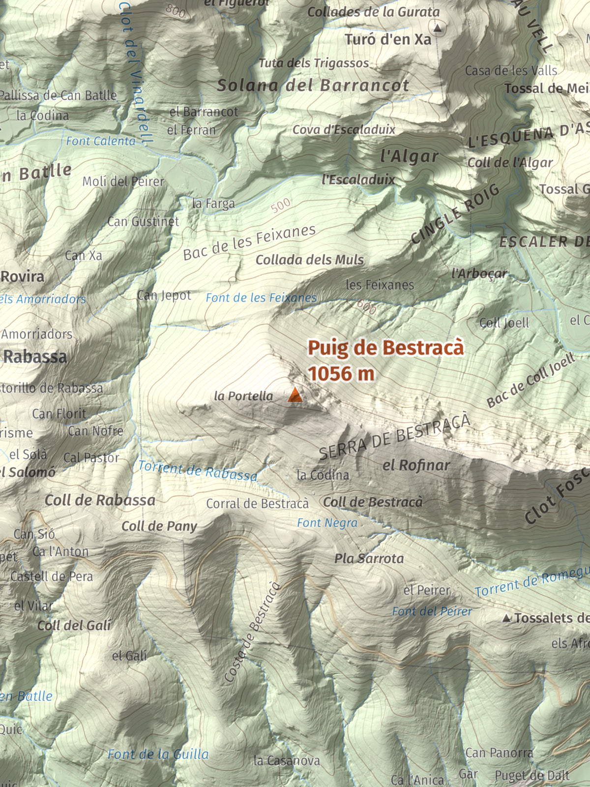 Mapa de relieve de Puig de Bestracà, 1056 m, Ripollès, lámina 100 Cims de Trobart. Detalle de la zona central. 30 × 40 cm.