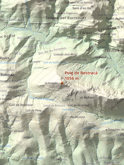 Mapa de relieve de Puig de Bestracà, 1056 m, Ripollès, lámina 100 Cims de Trobart. Detalle de la zona central. 30 × 40 cm.