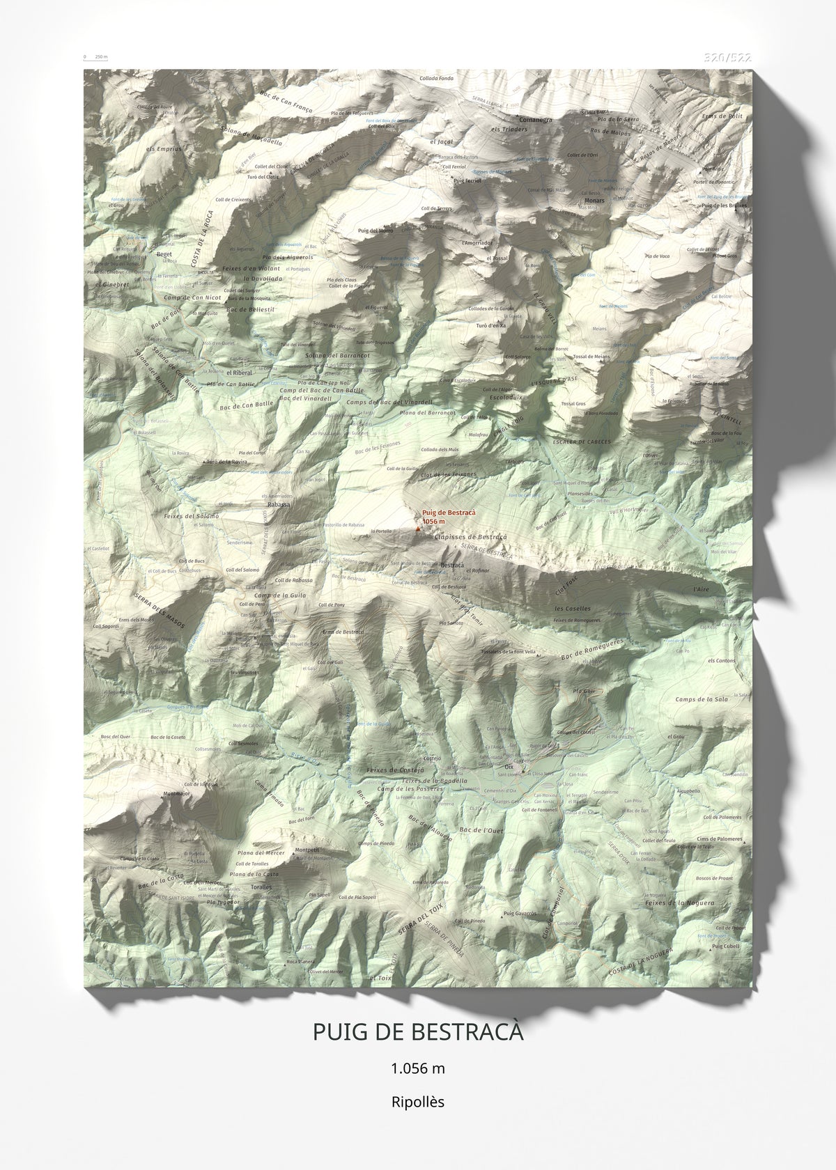 Mapa de relieve de Puig de Bestracà, 1056 m, Ripollès, lámina 100 Cims de Trobart 50 × 70 cm.
