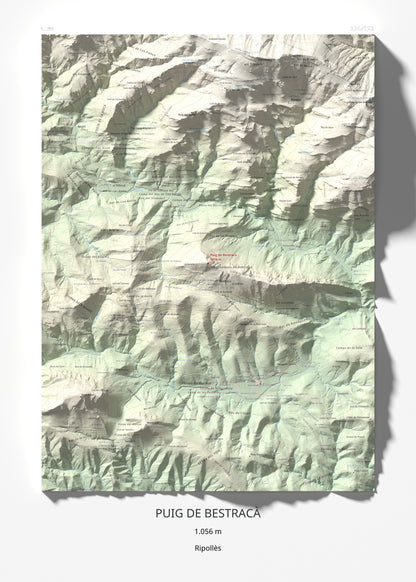 Mapa de relieve de Puig de Bestracà, 1056 m, Ripollès, lámina 100 Cims de Trobart 50 × 70 cm.