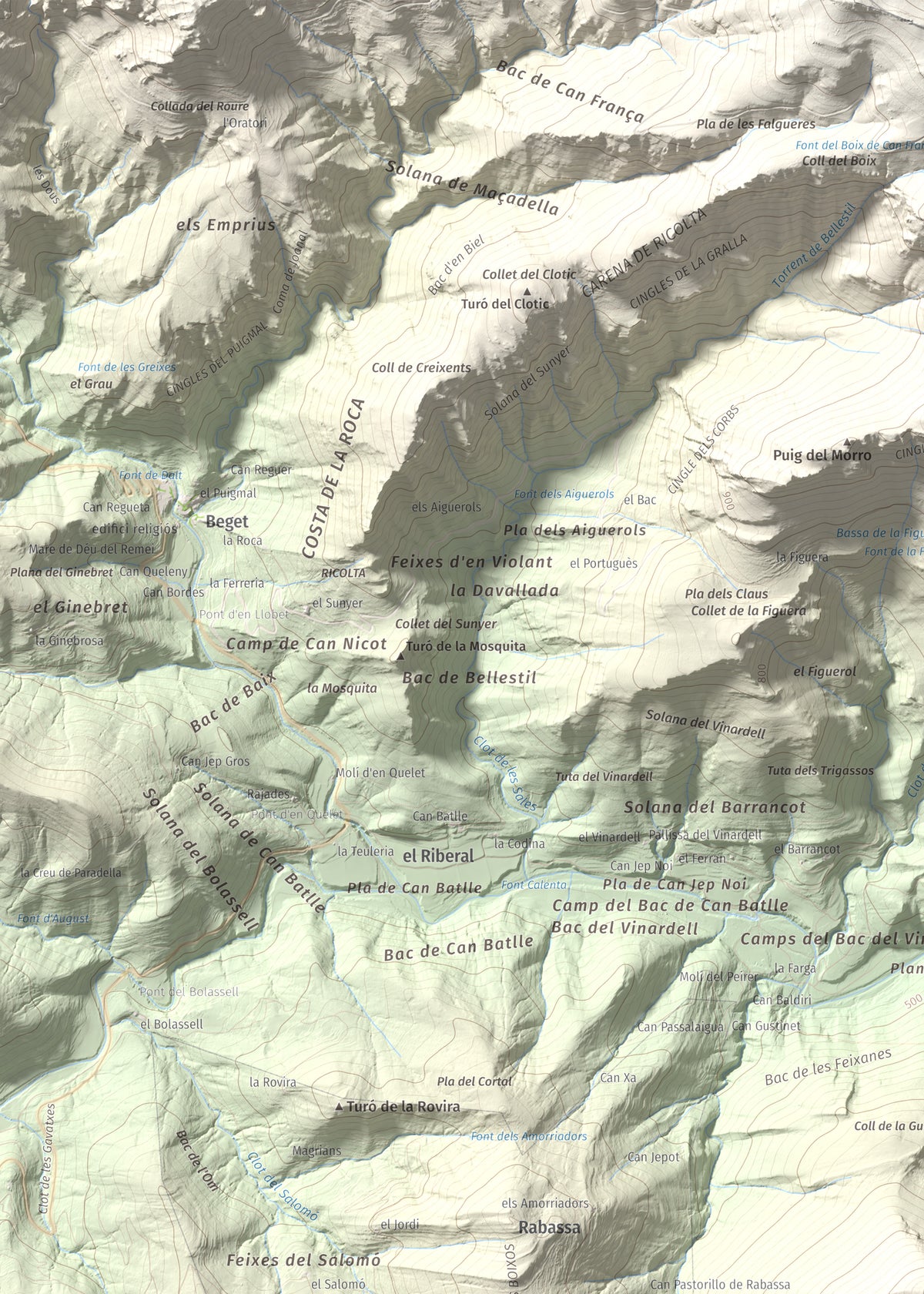 Mapa de relieve de Puig de Bestracà, 1056 m, Ripollès, lámina 100 Cims de Trobart. Detalle de la zona superior izquierda. 50 × 70 cm.