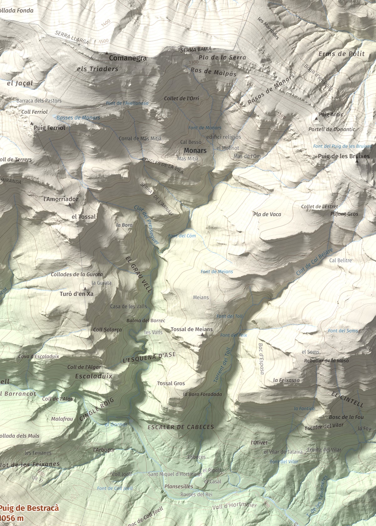 Mapa de relieve de Puig de Bestracà, 1056 m, Ripollès, lámina 100 Cims de Trobart. Detalle de la zona superior derecha. 50 × 70 cm.